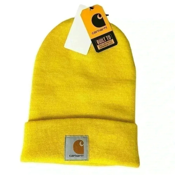 NET Carhartt Yellow Knit Cuffed Stretch Winter Hat Beanie Hat Made In USA SizeOS - Picture 1 of 10